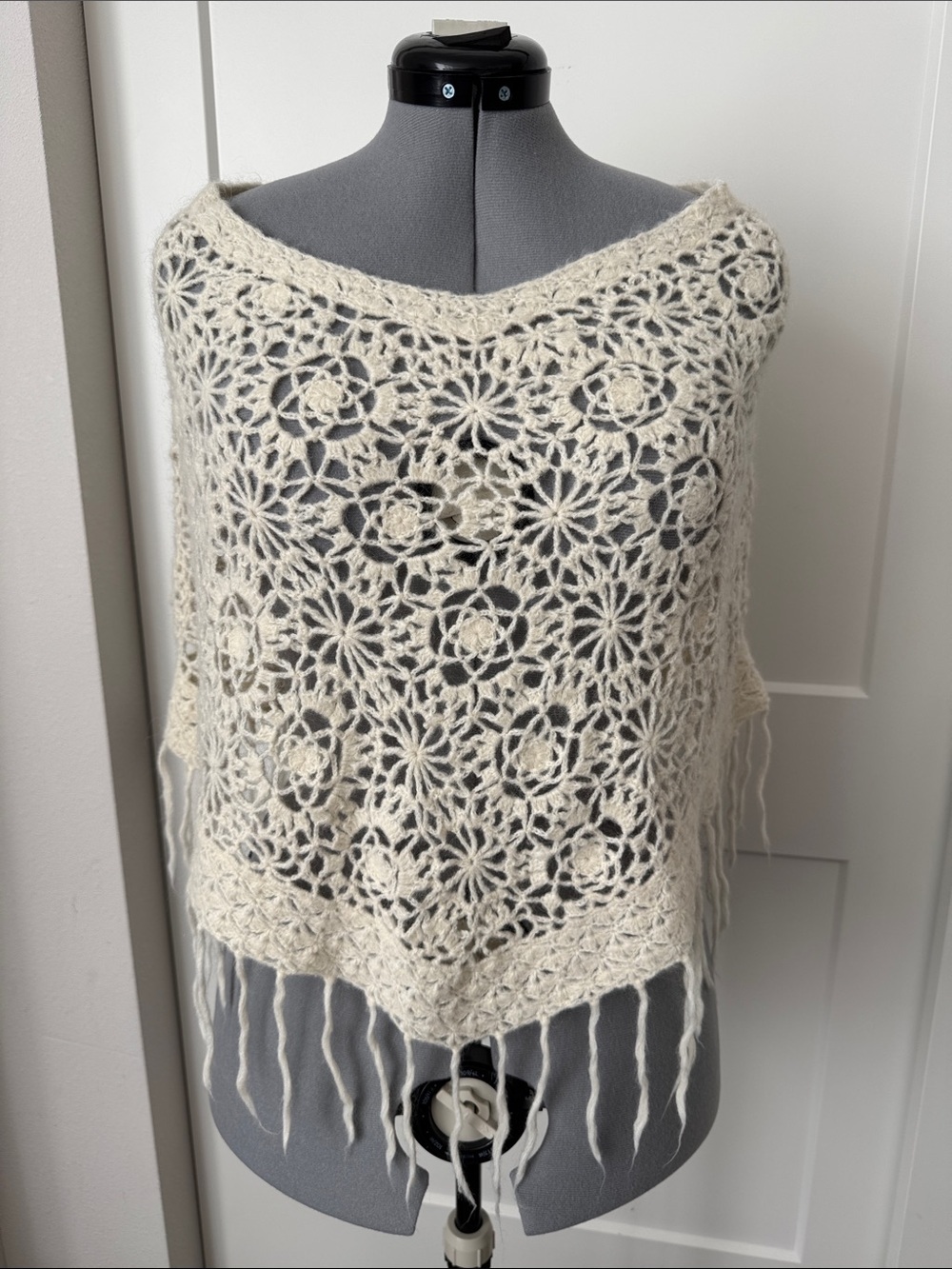 Crochet Fringe Poncho in Cream
